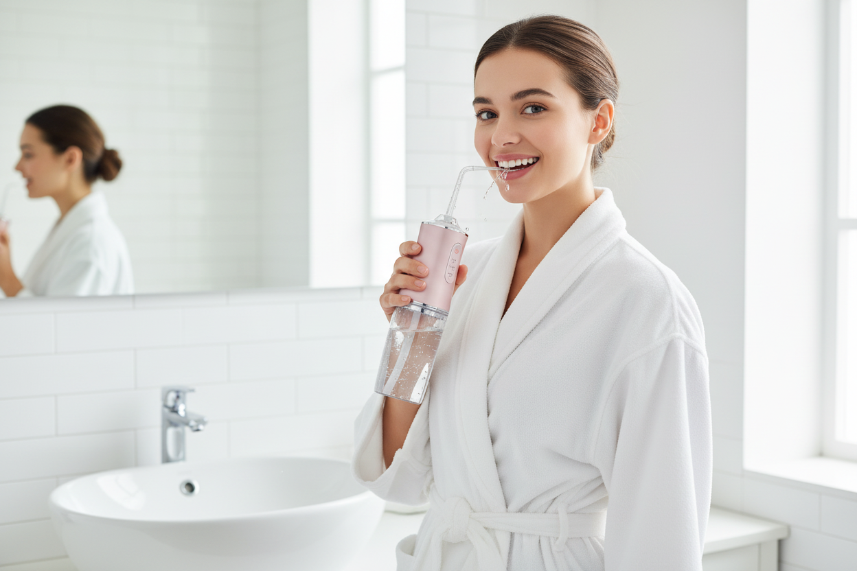 Girl Using Pink Oral Irrigator